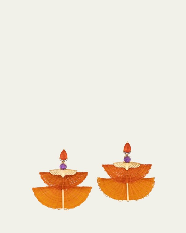 18K Yellow Gold Orange Horsehair Fan Earrings with Diamonds, Fire Opal and Amethyst